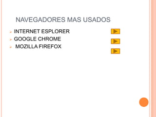 NAVEGADORES MAS USADOS
   INTERNET ESPLORER
   GOOGLE CHROME
    MOZILLA FIREFOX
 