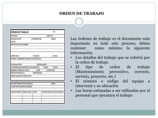 ORDEN DE TRABAJO
Las órdenes de trabajo es el documento más
importante en todo este proceso, deben
contener como mínimo la siguiente
información:
• Los detalles del trabajo que se cubrirá por
la orden de trabajo
• El tipo de orden de trabajo
(Mantenimiento preventivo, correcto,
servicio, proyecto, etc.)
• El número o código del equipo a
intervenir y su ubicación
• Las horas estimadas a ser utilizadas por el
personal que ejecutara el trabajo
 