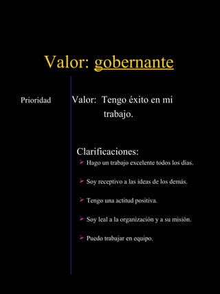 Valor: gobernante
Prioridad   Valor: Tengo éxito en mi
                   trabajo.


             Clarificaciones:
              Hago un trabajo excelente todos los días.

              Soy receptivo a las ideas de los demás.

              Tengo una actitud positiva.

              Soy leal a la organización y a su misión.

              Puedo trabajar en equipo.
 