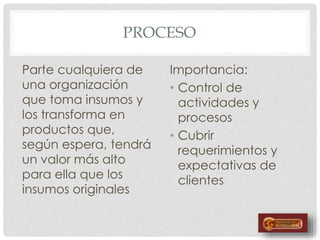 PROCESO
Parte cualquiera de
una organización
que toma insumos y
los transforma en
productos que,
según espera, tendrá
un valor más alto
para ella que los
insumos originales
Importancia:
• Control de
actividades y
procesos
• Cubrir
requerimientos y
expectativas de
clientes
 
