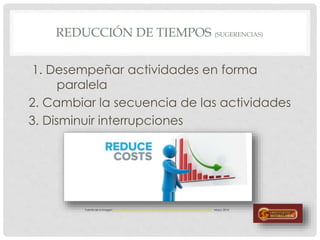 REDUCCIÓN DE TIEMPOS (SUGERENCIAS)
1. Desempeñar actividades en forma
paralela
2. Cambiar la secuencia de las actividades
3. Disminuir interrupciones
Fuente de la imagen: http://dialtone.co.nz/wp-content/uploads/Dialtone-Homepage-Reduce.jpg Mayo, 2014
 