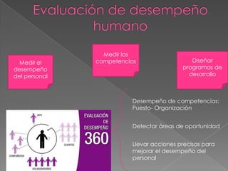 Medir el
desempeño
del personal

Medir las
competencias

Diseñar
programas de
desarrollo

Desempeño de competencias:
Puesto- Organización
Detectar áreas de oportunidad
Llevar acciones precisas para
mejorar el desempeño del
personal

 
