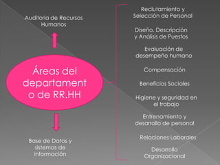 Auditoria de Recursos
Humanos

Reclutamiento y
Selección de Personal
Diseño, Descripción
y Análisis de Puestos
Evaluación de
desempeño humano

Áreas del
departament
o de RR.HH

Compensación
Beneficios Sociales
Higiene y seguridad en
el trabajo
Entrenamiento y
desarrollo de personal

Base de Datos y
sistemas de
información

Relaciones Laborales
Desarrollo
Organizacional

 