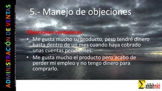 ADMINISTRACIÓNDEVENTAS
Lasimágeneseilustracionesnosondemipropiedadniautoría.Soloseusanparaefectosdidácticos
Objeciones verdaderas
• Me gusta mucho su producto, pero tendré dinero
hasta dentro de un mes cuando haya cobrado
unas cuentas pendientes.
• Me gusta mucho el producto pero acabo de
perder mi empleo y no tengo dinero para
comprarlo.
5.- Manejo de objeciones
 