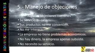 ADMINISTRACIÓNDEVENTAS
Lasimágeneseilustracionesnosondemipropiedadniautoría.Soloseusanparaefectosdidácticos
• Su servicio es caro.
• Sus productos no me convencen.
• No me interesa.
• La empresa no tiene problemas económicos.
• No hay dinero, la empresa apenas subsiste.
• No necesito su servicio.
Algunas objeciones comunes
5.- Manejo de objeciones
 