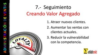 ADMINISTRACIÓNDEVENTAS
Lasimágeneseilustracionesnosondemipropiedadniautoría.Soloseusanparaefectosdidácticos
7.- Seguimiento
Creando Valor Agregado
1. Atraer nuevos clientes.
2. Aumentar las ventas con
clientes actuales.
3. Reducir la vulnerabilidad
con la competencia.
 