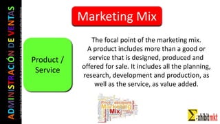 ADMINISTRACIÓNDEVENTAS
Lasimágeneseilustracionesnosondemipropiedadniautoría.Soloseusanparaefectosdidácticos
Product /
Service
The focal point of the marketing mix.
A product includes more than a good or
service that is designed, produced and
offered for sale. It includes all the planning,
research, development and production, as
well as the service, as value added.
Marketing Mix
 