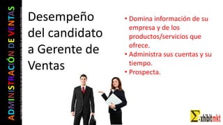 ADMINISTRACIÓNDEVENTAS
Lasimágeneseilustracionesnosondemipropiedadniautoría.Soloseusanparaefectosdidácticos Desempeño
del candidato
a Gerente de
Ventas
• Domina información de su
empresa y de los
productos/servicios que
ofrece.
• Administra sus cuentas y su
tiempo.
• Prospecta.
 