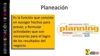 ADMINISTRACIÓNDEVENTAS
Lasimágeneseilustracionesnosondemipropiedadniautoría.Soloseusanparaefectosdidácticos Planeación
Es la función que consiste
en escoger hechos para
prever, y formular
actividades que son
necesarias para el logro
de los resultados del
negocio.
 