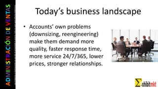 ADMINISTRACIÓNDEVENTAS
Lasimágeneseilustracionesnosondemipropiedadniautoría.Soloseusanparaefectosdidácticos
Today’s business landscape
• Accounts’ own problems
(downsizing, reengineering)
make them demand more
quality, faster response time,
more service 24/7/365, lower
prices, stronger relationships.
 