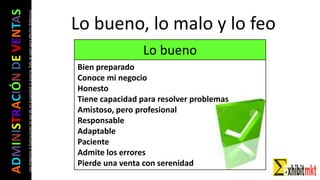 ADMINISTRACIÓNDEVENTAS
Lasimágeneseilustracionesnosondemipropiedadniautoría.Soloseusanparaefectosdidácticos Lo bueno, lo malo y lo feo
Lo bueno
Bien preparado
Conoce mi negocio
Honesto
Tiene capacidad para resolver problemas
Amistoso, pero profesional
Responsable
Adaptable
Paciente
Admite los errores
Pierde una venta con serenidad
 