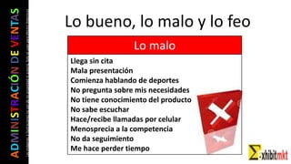 ADMINISTRACIÓNDEVENTAS
Lasimágeneseilustracionesnosondemipropiedadniautoría.Soloseusanparaefectosdidácticos Lo bueno, lo malo y lo feo
Lo malo
Llega sin cita
Mala presentación
Comienza hablando de deportes
No pregunta sobre mis necesidades
No tiene conocimiento del producto
No sabe escuchar
Hace/recibe llamadas por celular
Menosprecia a la competencia
No da seguimiento
Me hace perder tiempo
 