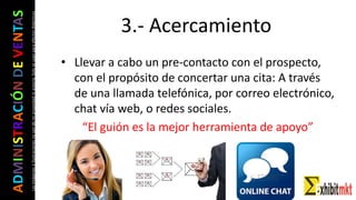 ADMINISTRACIÓNDEVENTAS
Lasimágeneseilustracionesnosondemipropiedadniautoría.Soloseusanparaefectosdidácticos
3.- Acercamiento
• Llevar a cabo un pre-contacto con el prospecto,
con el propósito de concertar una cita: A través
de una llamada telefónica, por correo electrónico,
chat vía web, o redes sociales.
“El guión es la mejor herramienta de apoyo”
 