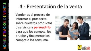 ADMINISTRACIÓNDEVENTAS
Lasimágeneseilustracionesnosondemipropiedadniautoría.Soloseusanparaefectosdidácticos
Vender es el proceso de
informar al prospecto
sobre nuestros productos
o servicios y persuadirlo
para que los conozca, los
pruebe y finalmente los
compre o los consuma.
4.- Presentación de la venta
 
