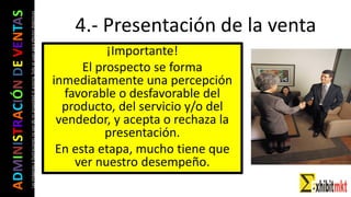 ADMINISTRACIÓNDEVENTAS
Lasimágeneseilustracionesnosondemipropiedadniautoría.Soloseusanparaefectosdidácticos
¡Importante!
El prospecto se forma
inmediatamente una percepción
favorable o desfavorable del
producto, del servicio y/o del
vendedor, y acepta o rechaza la
presentación.
En esta etapa, mucho tiene que
ver nuestro desempeño.
4.- Presentación de la venta
 