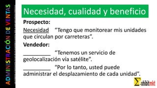 ADMINISTRACIÓNDEVENTAS
Lasimágeneseilustracionesnosondemipropiedadniautoría.Soloseusanparaefectosdidácticos
Prospecto:
Necesidad “Tengo que monitorear mis unidades
que circulan por carreteras”.
Vendedor:
_________ “Tenemos un servicio de
geolocalización vía satélite”.
_________ “Por lo tanto, usted puede
administrar el desplazamiento de cada unidad”.
Necesidad, cualidad y beneficio
 