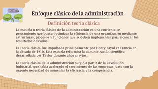 Enfoque clásico de la administración
La escuela o teoría clásica de la administración es una corriente de
pensamiento que busca optimizar la eficiencia de una organización mediante
estructuras, procesos y funciones que se deben implementar para alcanzar los
resultados deseados.
La teoría clásica fue impulsada principalmente por Henry Fayol en Francia en
la década de 1910. Esta escuela reformó a la administración científica
desarrollada por Taylor durante años previos.
La teoría clásica de la administración surgió a partir de la Revolución
Industrial, que había acelerado el crecimiento de las empresas junto con la
urgente necesidad de aumentar la eficiencia y la competencia.
Definición teoría clásica
04
 
