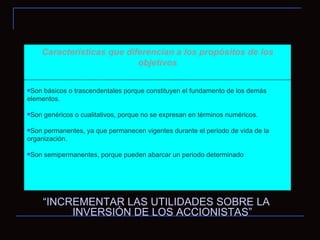 los objetivos: “ INCREMENTAR LAS UTILIDADES SOBRE LA INVERSIÓN DE LOS ACCIONISTAS” Características que diferencian a los propósitos de los objetivos Son básicos o trascendentales porque constituyen el fundamento de los demás elementos.  Son genéricos o cualitativos, porque no se expresan en términos numéricos.  Son permanentes, ya que permanecen vigentes durante el periodo de vida de la organización.  Son semipermanentes, porque pueden abarcar un periodo determinado   