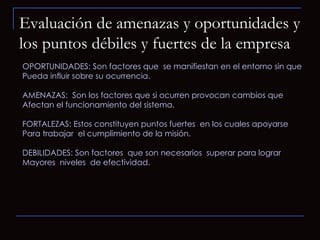 Evaluación de amenazas y oportunidades y los puntos débiles y fuertes de la empresa OPORTUNIDADES: Son factores que  se manifiestan en el entorno sin que Pueda influir sobre su ocurrencia. AMENAZAS:  Son los factores que si ocurren provocan cambios que  Afectan el funcionamiento del sistema. FORTALEZAS: Estos constituyen puntos fuertes  en los cuales apoyarse Para trabajar  el cumplimiento de la misión. DEBILIDADES: Son factores  que son necesarios  superar para lograr  Mayores  niveles  de efectividad.  