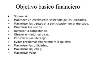 Objetivo basico financiero
      Sobrevivir
      Mantener un crecimiento sostenido de las utilidades.
      Maximizar las ventas o la participación en el mercado.
      Minimizar los costos.
      Derrotar la competencia.
      Ofrecer el mejor servicio.
      Consolidar un liderazgo.
      Evitar problemas financieros y la quiebra
      Maximizar las utilidades.
      Maximizar riqueza y,
      Maximizar Valor
 