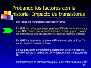 Probando los factores con la
historia- Impacto de transistores
   Los radios de transistores aparecen en 1956

   En 1959 los radios japoneses pesaban 50% de los americanos y
    a un 10% menos precio. Innovación en tamaño y peso, no por
    los transistores sino en capacitores, bocinas, fuentes, antenas

   En 1962 los japoneses tenian el 68% del mercado de EUA. Ya
    no se requiere cambiar bulbos.

   En los autoradios permitieron la sustitución de los vibradores,
    primero utilizaban bulbos de 12V y después solo transistores de
    Ge

   Posteriormente se introdujeron a las TV de color en forma lenta
                                                              113
 
