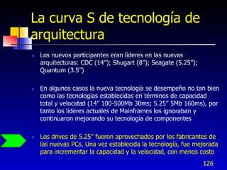 La curva S de tecnología de
arquitectura
   Los nuevos participantes eran líderes en las nuevas
    arquitecturas: CDC (14”); Shugart (8”); Seagate (5.25”);
    Quantum (3.5”)

   En algunos casos la nueva tecnología se desempeño no tan bien
    como las tecnologías establecidas en términos de capacidad
    total y velocidad (14” 100-500Mb 30ms; 5.25” 5Mb 160ms), por
    tanto los lideres actuales de Mainframes los ignoraban y
    continuaron mejorando su tecnología de componentes

   Los drives de 5.25” fueron aprovechados por los fabricantes de
    las nuevas PCs. Una vez establecida la tecnología, fue mejorada
    para incrementar la capacidad y la velocidad, con menos costo
                                                               126
 