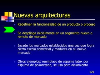 Nuevas arquitecturas
   Redefinen la funcionalidad de un producto o proceso

   Se despliega inicialmente en un segmento nuevo o
    remoto de mercado

   Invade los mercados establecidos una vez que logra
    cierta escala comercial y madurez en su nuevo
    mercado

   Otros ejemplos: reemplazo de espuma latex por
    espuma de poliuretano, se uso para aislamiento

                                                     129
 