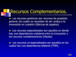 Recursos Complementarios.
  Los recursos genéricos son recursos de propósito
general, los cuales no necesitan de ser unidos a la
innovación en cuestión (fábricas de zapatos).

  Los recursos especializados son aquellos en donde
hay una dependencia unilateral entre la innovación y
los recursos complementarios (Mazda).

  Los recursos co-especializados son aquellos en los
cuales hay una dependencia bilateral (TMM).


                                                      160
 