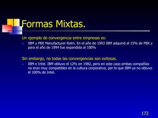 Formas Mixtas.
Un ejemplo de convergencia entre empresas es:
   IBM y PBX Manufacturer Rolm. En el año de 1993 IBM adquirió el 15% de PBX y
    para el año de 1994 fue expandida al 100%


Sin embargo, no todas las convergencias son exitosas.
   IBM e Intel. IBM obtuvo el 12% en 1982, pero en este caso ambas compañías
    no eran muy compatibles en la cultura corporativa, por lo que IBM ya no obtuvo
    el 100% de Intel.




                                                                           172
 