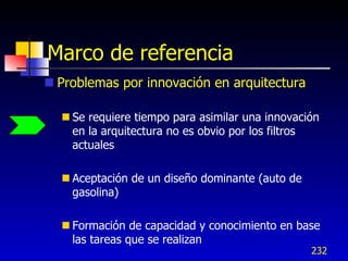 Marco de referencia
 Problemas por innovación en arquitectura

   Se requiere tiempo para asimilar una innovación
    en la arquitectura no es obvio por los filtros
    actuales

   Aceptación de un diseño dominante (auto de
    gasolina)

   Formación de capacidad y conocimiento en base
    las tareas que se realizan
                                                 232
 