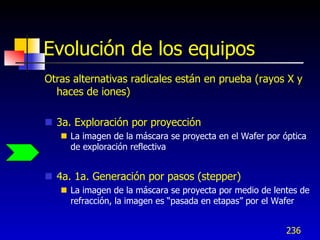 Evolución de los equipos
Otras alternativas radicales están en prueba (rayos X y
  haces de iones)

 3a. Exploración por proyección
    La imagen de la máscara se proyecta en el Wafer por óptica
     de exploración reflectiva


 4a. 1a. Generación por pasos (stepper)
    La imagen de la máscara se proyecta por medio de lentes de
     refracción, la imagen es “pasada en etapas” por el Wafer


                                                          236
 