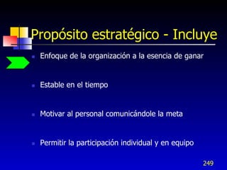 Propósito estratégico - Incluye
   Enfoque de la organización a la esencia de ganar


   Estable en el tiempo


   Motivar al personal comunicándole la meta


   Permitir la participación individual y en equipo

                                                       249
 
