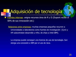 Adquisición de tecnología
 Fuentes internas: asigna recursos área de R y D (Dupont recibe el
  50% de sus innovación ext.)

   Relaciones entre empresas: muchas empresas pequeñas recurren a
      Universidades o laboratorios como fuentes de investigación (Cyrix y
      HP subcontratan desarrollo y mfra. de chips a Intel IBM).


      La empresa puede conseguir una licencia de uso de tecnología. Sun
      otorga una concesión a IBM por el uso de Java.




                                                                            25
 