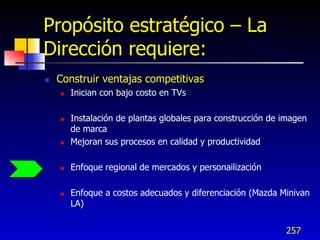 Propósito estratégico – La
Dirección requiere:
   Construir ventajas competitivas
       Inician con bajo costo en TVs

       Instalación de plantas globales para construcción de imagen
        de marca
       Mejoran sus procesos en calidad y productividad

       Enfoque regional de mercados y personailización

       Enfoque a costos adecuados y diferenciación (Mazda Minivan
        LA)


                                                             257
 