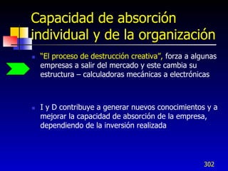 Capacidad de absorción
individual y de la organización
   “El proceso de destrucción creativa”, forza a algunas
    empresas a salir del mercado y este cambia su
    estructura – calculadoras mecánicas a electrónicas



   I y D contribuye a generar nuevos conocimientos y a
    mejorar la capacidad de absorción de la empresa,
    dependiendo de la inversión realizada




                                                     302
 