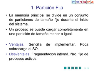 PF PD PS SS VP VS


               1. Partición Fija
• La memoria principal se divide en un conjunto
  de particiones de tamaño fijo durante el inicio
  del sistema.
• Un proceso se puede cargar completamente en
  una partición de tamaño menor o igual.

• Ventajas. Sencilla de implementar. Poca
  sobrecarga al SO.
• Desventajas. Fragmentación interna. Nro. fijo de
  procesos activos.

                                                 18 /50
 