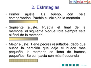 PF PD PS SS VP VS


               2. Estrategias
• Primer  ajuste.   Es      bueno,     con   baja
  compactación. Puebla el inicio de la memoria

• Siguiente ajuste. Puebla el final de la
  memoria, el siguiente bloque libre siempre está
  al final de la memoria.

• Mejor ajuste. Tiene peores resultados, dado que
  busca la partición que deje el hueco más
  pequeño, la memoria se llena de huecos
  pequeños. Se compacta con más frecuencia

                                                25 /50
 