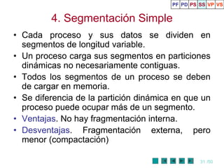 PF PD PS SS VP VS


         4. Segmentación Simple
• Cada proceso y sus datos se dividen en
  segmentos de longitud variable.
• Un proceso carga sus segmentos en particiones
  dinámicas no necesariamente contiguas.
• Todos los segmentos de un proceso se deben
  de cargar en memoria.
• Se diferencia de la partición dinámica en que un
  proceso puede ocupar más de un segmento.
• Ventajas. No hay fragmentación interna.
• Desventajas. Fragmentación externa, pero
  menor (compactación)

                                                 31 /50
 
