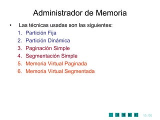 15 /50
Administrador de Memoria
• Las técnicas usadas son las siguientes:
1. Partición Fija
2. Partición Dinámica
3. Paginación Simple
4. Segmentación Simple
5. Memoria Virtual Paginada
6. Memoria Virtual Segmentada
 