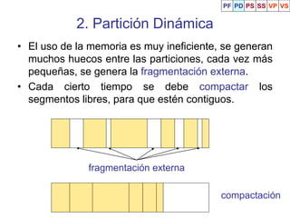 2. Partición Dinámica
• El uso de la memoria es muy ineficiente, se generan
muchos huecos entre las particiones, cada vez más
pequeñas, se genera la fragmentación externa.
• Cada cierto tiempo se debe compactar los
segmentos libres, para que estén contiguos.
fragmentación externa
compactación
PF PD PS SS VP VS
 