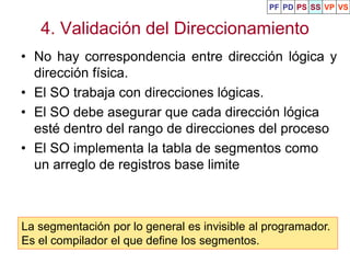 4. Validación del Direccionamiento
• No hay correspondencia entre dirección lógica y
dirección física.
• El SO trabaja con direcciones lógicas.
• El SO debe asegurar que cada dirección lógica
esté dentro del rango de direcciones del proceso
• El SO implementa la tabla de segmentos como
un arreglo de registros base limite
PF PD PS SS VP VS
La segmentación por lo general es invisible al programador.
Es el compilador el que define los segmentos.
 