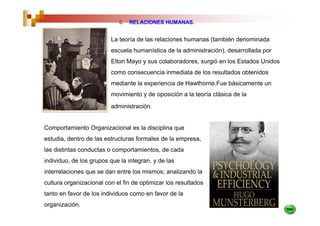 5.   RELACIONES HUMANAS.


                         La teoría de las relaciones humanas (también denominada
                         escuela humanística de la administración), desarrollada por
                         Elton Mayo y sus colaboradores, surgió en los Estados Unidos
                         como consecuencia inmediata de los resultados obtenidos
                         mediante la experiencia de Hawthorne.Fue básicamente un
                         movimiento y de oposición a la teoría clásica de la
                         administración.


Comportamiento Organizacional es la disciplina que
estudia, dentro de las estructuras formales de la empresa,
las distintas conductas o comportamientos, de cada
individuo, de los grupos que la integran, y de las
interrelaciones que se dan entre los mismos; analizando la
cultura organizacional con el fin de optimizar los resultados
tanto en favor de los individuos como en favor de la
organización.
 