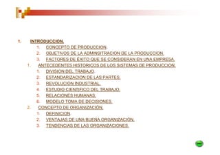 1.     INTRODUCCION.
          1. CONCEPTO DE PRODUCCION.
          2. OBJETIVOS DE LA ADMINSITRACION DE LA PRODUCCION.
          3. FACTORES DE ÉXITO QUE SE CONSIDERAN EN UNA EMPRESA.
     1.    ANTECEDENTES HISTORICOS DE LOS SISTEMAS DE PRODUCCION.
          1. DIVISION DEL TRABAJO.
          2. ESTANDARIZACION DE LAS PARTES.
          3. REVOLUCION INDUSTRIAL.
          4. ESTUDIO CIENTIFICO DEL TRABAJO.
          5. RELACIONES HUMANAS.
          6. MODELO TOMA DE DECISIONES.
     2.    CONCEPTO DE ORGANIZACIÓN.
          1. DEFINICION.
          2. VENTAJAS DE UNA BUENA ORGANIZACIÓN.
          3. TENDENCIAS DE LAS ORGANIZACIONES.
 