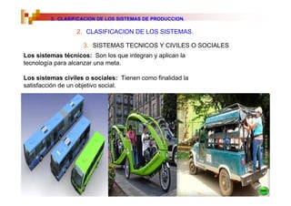 3. CLASIFICACION DE LOS SISTEMAS DE PRODUCCION.

                  2. CLASIFICACION DE LOS SISTEMAS.

                    3. SISTEMAS TECNICOS Y CIVILES O SOCIALES
Los sistemas técnicos: Son los que integran y aplican la
tecnología para alcanzar una meta.

Los sistemas civiles o sociales: Tienen como finalidad la
satisfacción de un objetivo social.
 