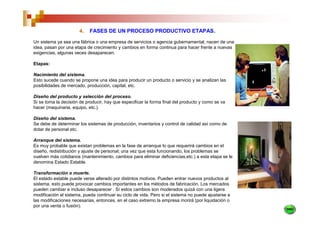 4.   FASES DE UN PROCESO PRODUCTIVO ETAPAS.

Un sistema ya sea una fábrica o una empresa de servicios o agencia gubernamental, nacen de una
idea, pasan por una etapa de crecimiento y cambios en forma continua para hacer frente a nuevas
exigencias, algunas veces desaparecen.

Etapas:

Nacimiento del sistema.
Esto sucede cuando se propone una idea para producir un producto o servicio y se analizan las
posibilidades de mercado, producción, capital, etc.

Diseño del producto y selección del proceso.
Si se toma la decisión de producir, hay que especificar la forma final del producto y como se va
hacer (maquinaria, equipo, etc.).

Diseño del sistema.
Se debe de determinar los sistemas de producción, inventarios y control de calidad así como de
dotar de personal etc.

Arranque del sistema.
Es muy probable que existan problemas en la fase de arranque lo que requerirá cambios en el
diseño, redistribución y ajuste de personal; una vez que esta funcionando, los problemas se
vuelven más cotidianos (mantenimiento, cambios para eliminar deficiencias,etc.) a esta etapa se le
denomina Estado Estable.

Transformación o muerte.
El estado estable puede verse alterado por distintos motivos. Pueden entrar nuevos productos al
sistema, esto puede provocar cambios importantes en los métodos de fabricación. Los mercados
pueden cambiar e incluso desaparecer . Sí estos cambios son moderados quizá con una ligera
modificación al sistema, pueda continuar su ciclo de vida. Pero si el sistema no puede ajustarse a
las modificaciones necesarias, entonces, en el caso extremo la empresa morirá (por liquidación o
por una venta o fusión).
 
