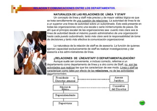 6.   RELACION Y COMUNICACIONES ENTRE LOS DEPARTAMENTOS.

                   NATURALEZA DE LAS RELACIONES DE LÍNEA Y STAFF
                   Un concepto de línea y staff más preciso y de mayor validez lógica es que
             se trata sencillamente de una cuestión de relaciones. La autoridad de línea le da
             a un superior una línea de autoridad sobre un subordinado. Esto está presente en
             todas las organizaciones como una escala o serie ininterrumpida de pasos. De
             ahí que el principio escalar de las organizaciones sea: cuanto más clara sea la
             línea de autoridad desde el máximo puesto administrativo de una organización
             hasta cada puesto subordinado, tanto más clara será la responsabilidad de toma
             de decisiones y tanto más efectiva la comunicación organizacional.

                   La naturaleza de la relación de staff es de asesoría. La función de quienes
             ejercen capacidad exclusivamente de staff es realizar investigaciones y dar
             asesoría a los admi-nistradores de línea.

                   ¿RELACIONES DE LÍNEA/STAFF O DEPARTAMENTALIZACIÓN?
                   Aunque suele ser conveniente, e incluso correcto, referirse a un
             departamento como departamento de línea y a otro como de Staff, no son las
             actividades que realizan las que los caracterizan de ese modo. Línea y staff se
             caracterizan como tales por efecto de las relaciones, no de las actividades
             departamentales.
 