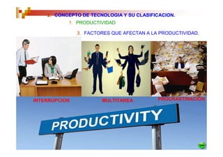 2. CONCEPTO DE TECNOLOGIA Y SU CLASIFICACION.
           1. PRODUCTIVIDAD

               3. FACTORES QUE AFECTAN A LA PRODUCTIVIDAD.




INTERRUPCION           MULTITAREA          PROCRASTINACION
 