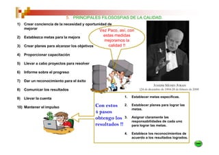 5. PRINCIPALES FILOSOSFIAS DE LA CALIDAD.
1)   Crear conciencia de la necesidad y oportunidad de
     mejorar
                                                 Vez Paco, así, con
2)   Establezca metas para la mejora               estas medidas
                                                   mejoramos la
3)   Crear planes para alcanzar los objetivos         calidad !!

4)   Proporcionar capacitación

5)   Llevar a cabo proyectos para resolver problemas

6)   Informe sobre el progreso

7)   Dar un reconocimiento para el éxito

8)   Comunicar los resultados

9)   Llevar la cuenta                                         1.   Establecer metas específicas.


10) Mantener el impulso                         Con estos 2.       Establecer planes para lograr las
                                                                   metas.
                                                4 pasos
                                                obtengo los 3.     Asignar claramente las
                                                                   responsabilidades de cada uno
                                                resultados !!      para lograr las metas.

                                                              4.   Establece los reconocimientos de
                                                                   acuerdo a los resultados logrados.
 