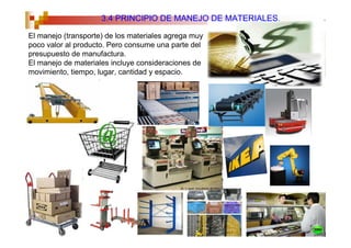 3.4 PRINCIPIO DE MANEJO DE MATERIALES.

El manejo (transporte) de los materiales agrega muy
poco valor al producto. Pero consume una parte del
presupuesto de manufactura.
El manejo de materiales incluye consideraciones de
movimiento, tiempo, lugar, cantidad y espacio.
 