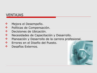 VENTAJAS
 Mejora el Desempeño.
 Políticas de Compensación.
 Decisiones de Ubicación.
 Necesidades de Capacitación y Desarrollo.
 Planeación y Desarrollo de la carrera profesional.
 Errores en el Diseño del Puesto.
 Desafíos Externos.
 